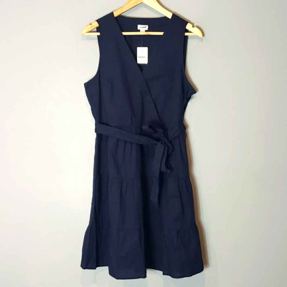 J. Crew Dress Navy Tiered Skirt Faux Wrap Sleeveless 14 New Preppy Classic 2023